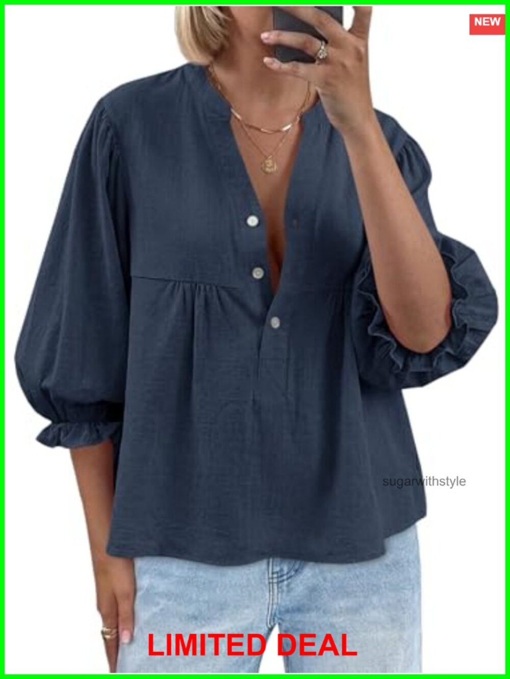 Womens Puff Sleeve Babydoll Top V Neck Button Down Cotton Blouse